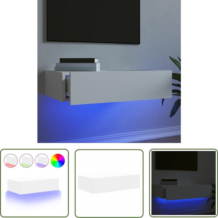 The Living Store Tv-meubel LED-verlichting bewerkt hout opbergruimte RGB LED trendy wit 60 x 35 x 15.5 cm Tv-meubel Led-verlichting Houten Tv-stand Opbergruimte Modern Tv-meubel