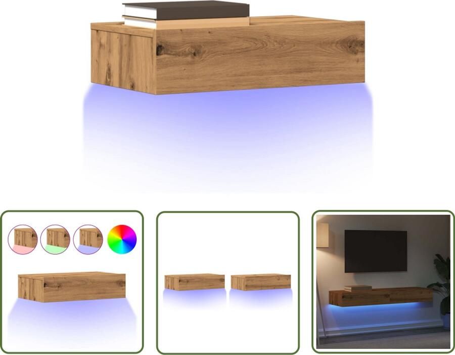 The Living Store vidaXL Tv-meubels 2 st met LED's 60x35x15 5 cm artisanaal eikenkleur Tv Meubel Led Verlichting Houten Tv Kast Salontafel Opbergruimte