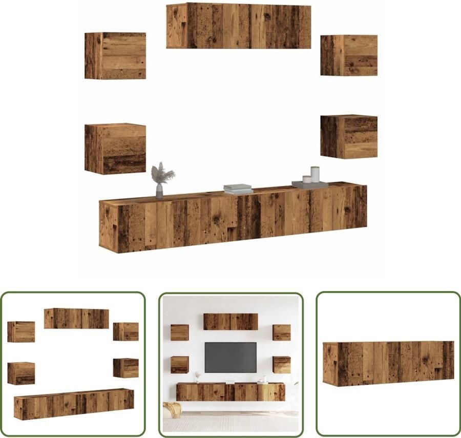 The Living Store vidaXL 7-delig Tv-meubelset wandmontage bewerkt hout oud houtkleurig Tv Kast Media Kast Houten Tv Stand Salontafel Opbergkast