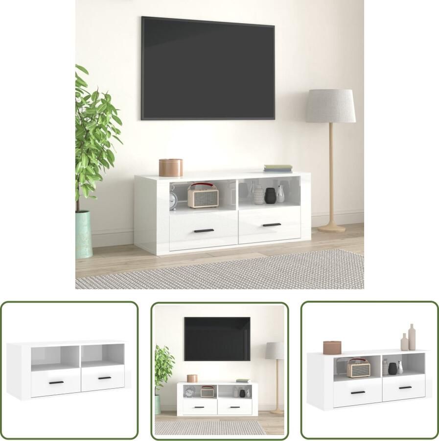 The Living Store Tv-kast Klassiek Media 100 x 35 x 40 cm Ken- Hoogglans wit bewerkt hout Tv Kast Media Kast Houten Tv Kast Witte Tv Kast Design Tv Kast - Foto 2