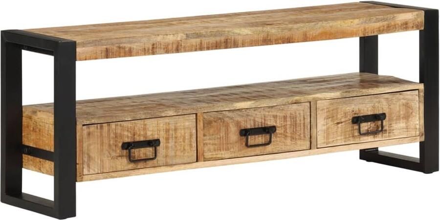 The Living Store mediakast massief mangohout TV-kast 120 x 30 x 45 cm met 3 lades en industriÃle poten Tv Kast Media Kast Mangohouten Tv Stand Salontafel Living Room Furniture - Foto 2