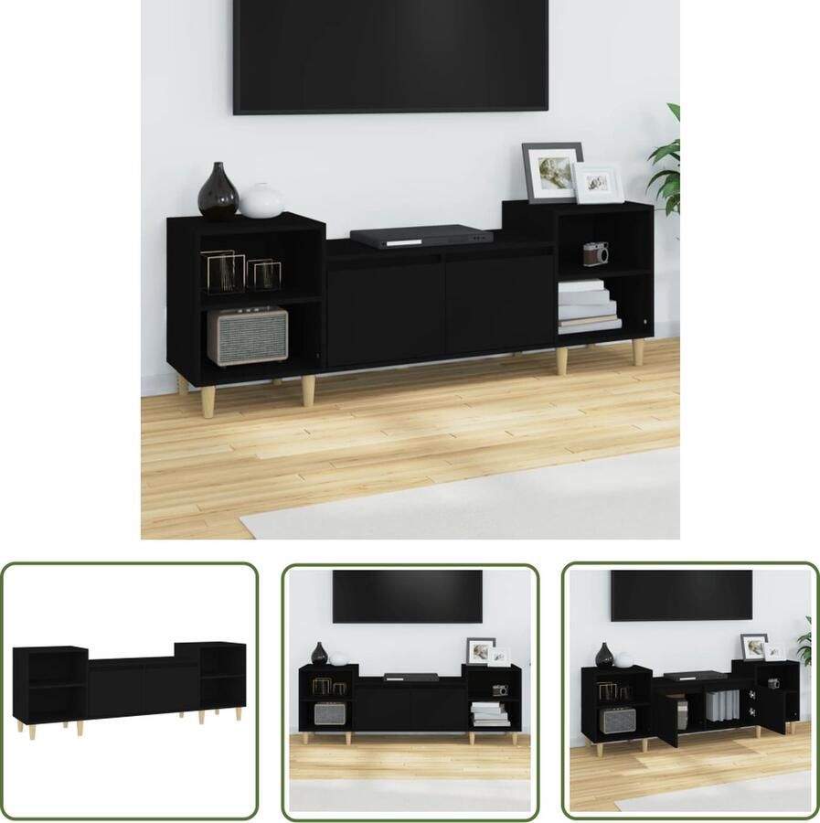 The Living Store TV-kast Zwarte bewerkt houten media-meubel 160 x 35 x 55 cm Tv Kast Media Kast Houtske Tv Kast Zwarte Tv Kast Tv Salontafel - Foto 2