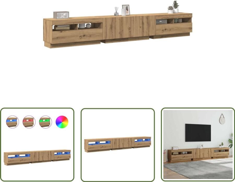 The Living Store vidaXL Tv-meubel met LED 260x35x40 cm bewerkt hout artisanaal eiken Tv-meubel Mediakaasten Salontafel Led Verlichting Houten Meubels