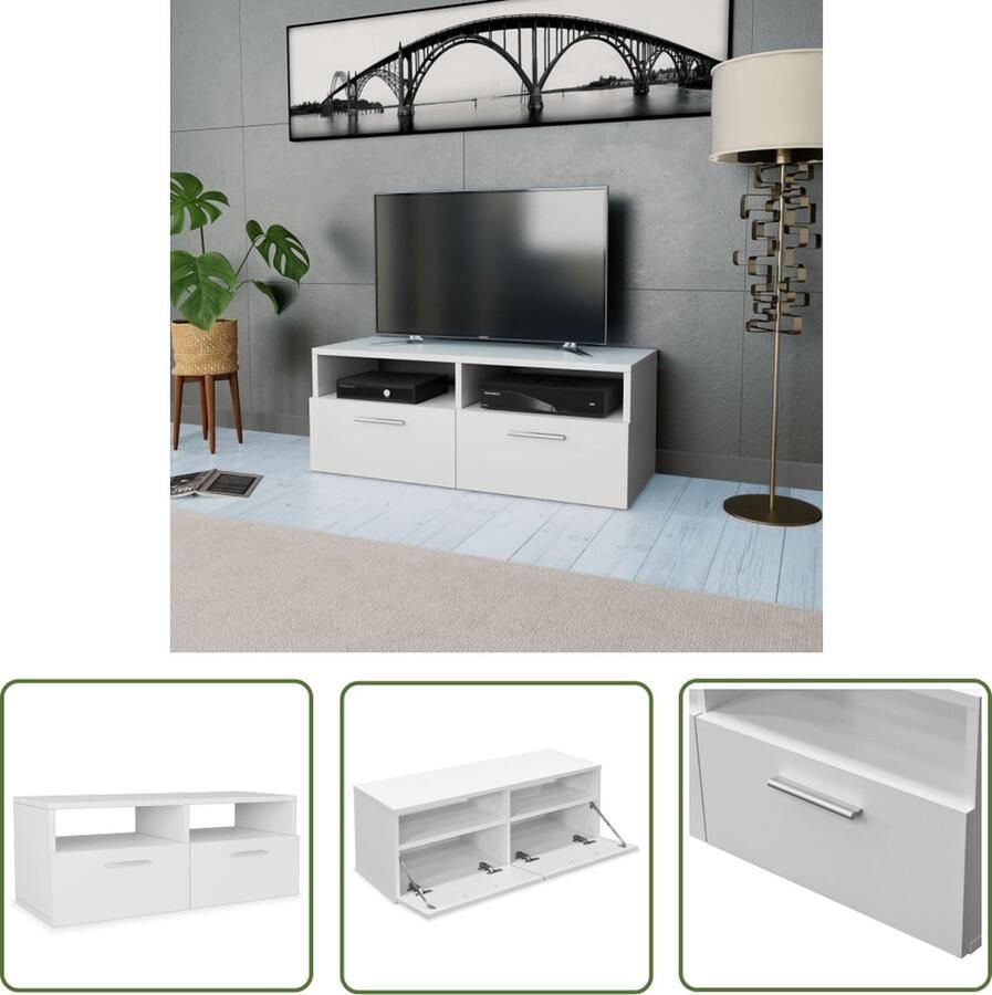The Living Store Tv-meubel 95x35x36 cm bewerkt hout wit Tv-meubel Modern Tv-meubel Houten Tv-standaard Witte Tv-kast Met Lades - Foto 2