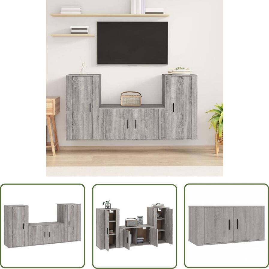 The Living Store TV-meubelset Trendy Grijs Sonoma Eiken 1x 80x34.5x40cm 2x 40x34.5x80cm TV-meubel Salon Meubilair Houten TV-stand Grijze TV-kast Landelijk TV-meubel - Foto 2