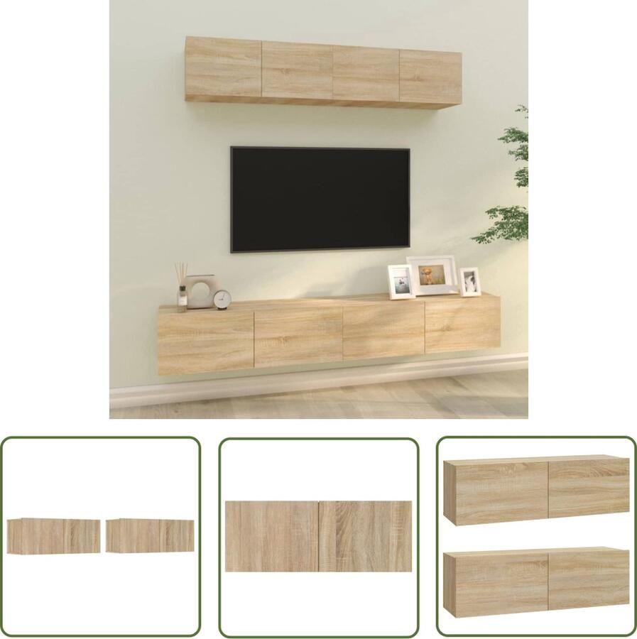 The Living Store vidaXL Salontafel Televisiesecretaris 4-delige Tv-meubelset bewerkt hout sonoma eikenkleurig Houten Meubilair Bruine Kast Wandmontage - Foto 2