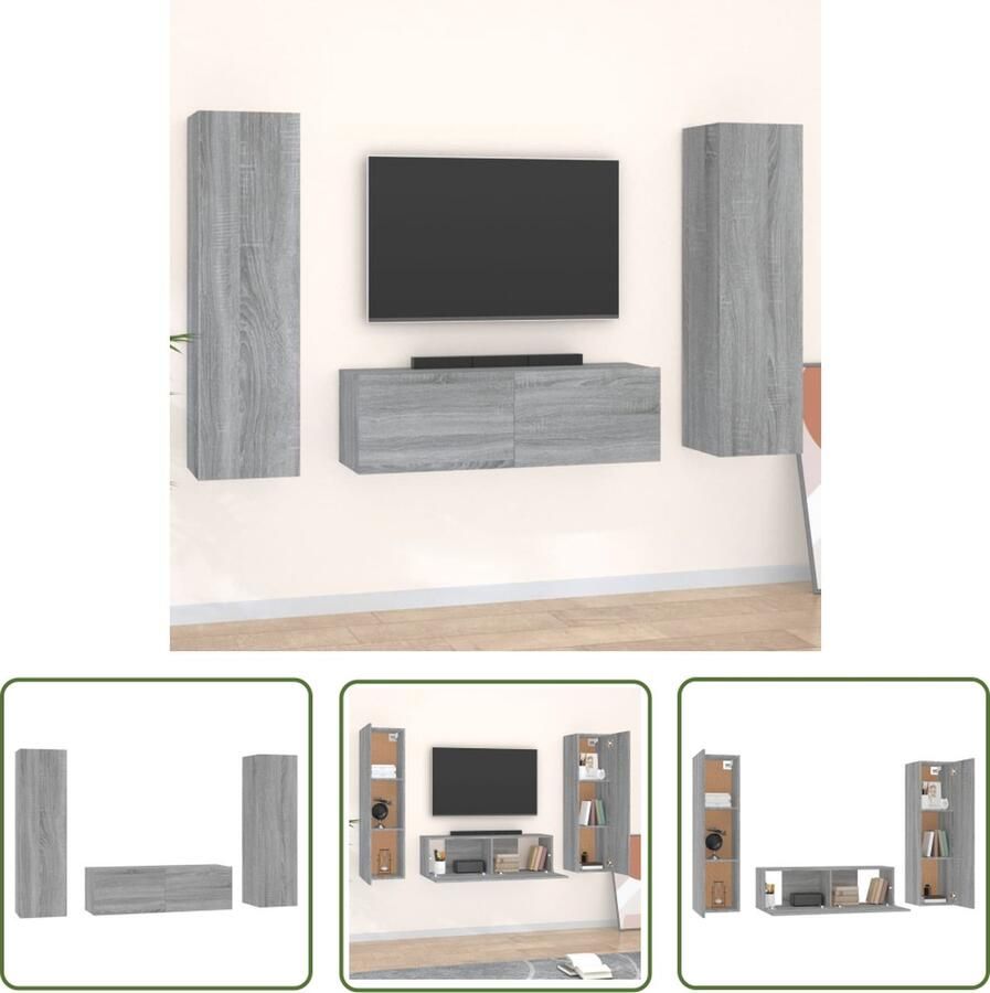 The Living Store Televisiemeubel Set Grijs Sonoma Eiken 1x 100x30x30 cm 2x 30.5x30x110 cm Televisieserie Salontafel Houten Meubilair Grijze Meubels Wandmontage
