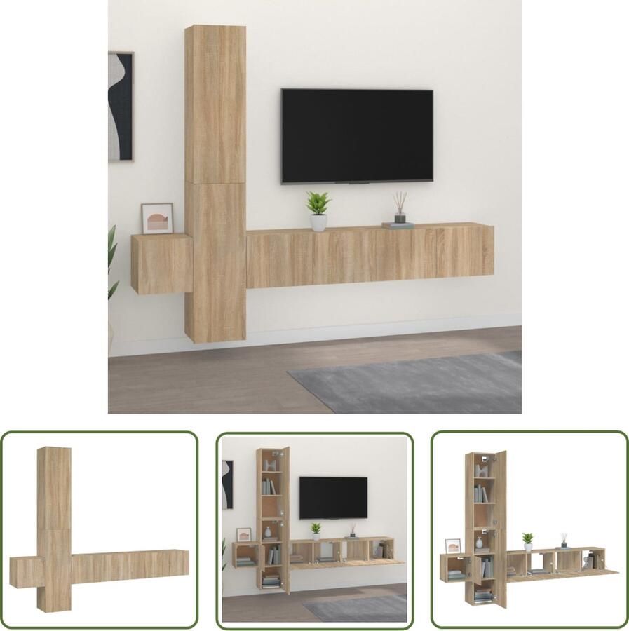 The Living Store Televisiemeubelset Sonoma Eiken 2x 80x30x30cm 2x 30.5x30x90cm 1x 30.5x30x30cm Televisieserie Salontafel Houten Kast Wandmontage Bruine Kleur - Foto 2