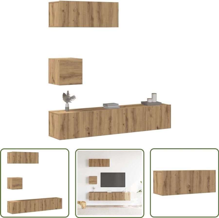 The Living Store vidaXL Salontafel Tv Kast 4-delig Tv-meubelset wandmontage bewerkt hout artisanaal eiken Houten Tv Stand Media Kast Opbergkast