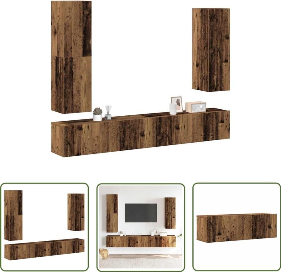 The Living Store vidaXL Salontafel Tv Kast 4-delig Tv-meubelset wandmontage bewerkt hout oud houtkleurig Houten Tv Stand Media Kast Opbergkast