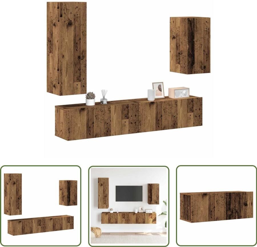 The Living Store vidaXL Salontafel Tv Kast 4-delig Tv-meubelset wandmontage bewerkt hout oud houtkleurig Houten Tv Stand Opbergruimte Media Kast