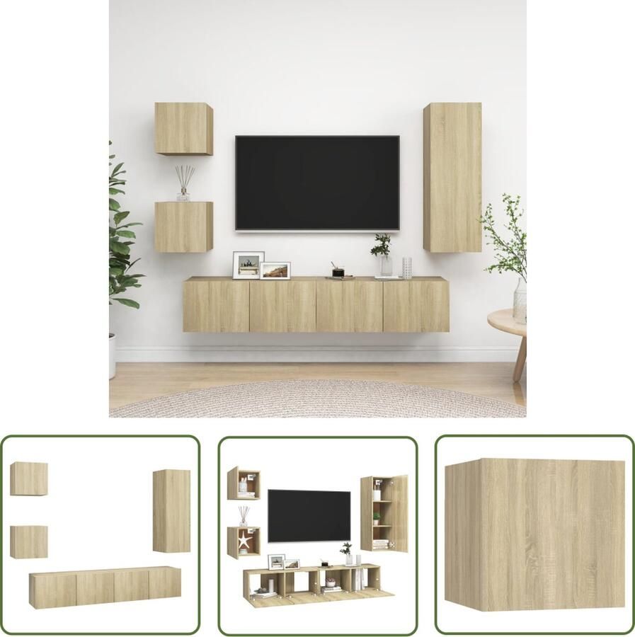 The Living Store Televisiemeubelset Sonoma eiken Wandbevestiging 1x 30.5x30x90cm 2x 80x30x30cm 2x 30.5x30x30cm Tv Kast Salontafel Wandmontage Houten Tv Stand Spaanplaat - Foto 2