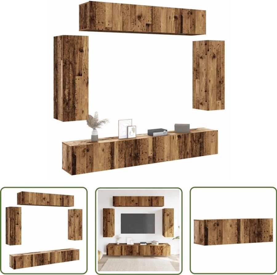 The Living Store vidaXL Salontafel Tv Kast 6-delig Tv-meubelset wandmontage bewerkt hout oud houtkleurig Houten Tv Stand Opbergkasten Media Kast