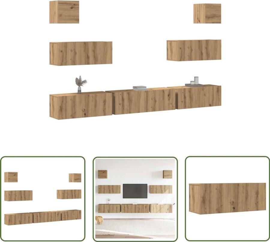 The Living Store vidaXL 7-delig Tv-meubelset wandmontage bewerkt hout artisanaal eiken Tv Kast Salontafel Houten Tv Stand Media Kast Opbergkast