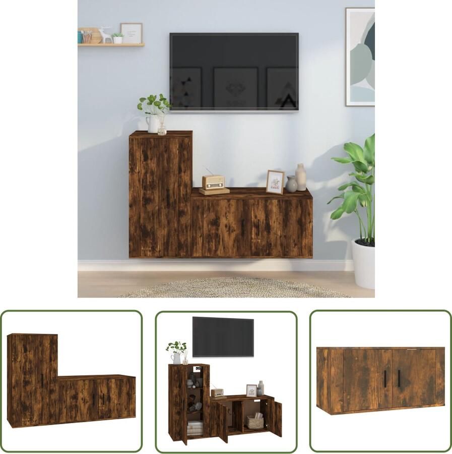 The Living Store TV-Meubelset Gerookt Eiken 80 x 34.5 x 40 cm Wandgemonteerde functie TV-meubel Salontafel Houten Tv Kast Bruine Tv Kast Landelijk Tv Meubel - Foto 2