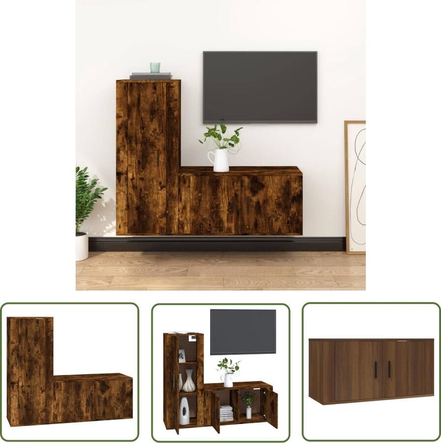 The Living Store tv-meubel set Klassiek Tv-kast 80 x 34.5 x 40 cm 40 x 34.5 x 100 cm Kleur- Gerookt eiken Tv-meubel Salontafel Houten Meubilair Klassiek Tv-meubel Bruine Tv-kast - Foto 2