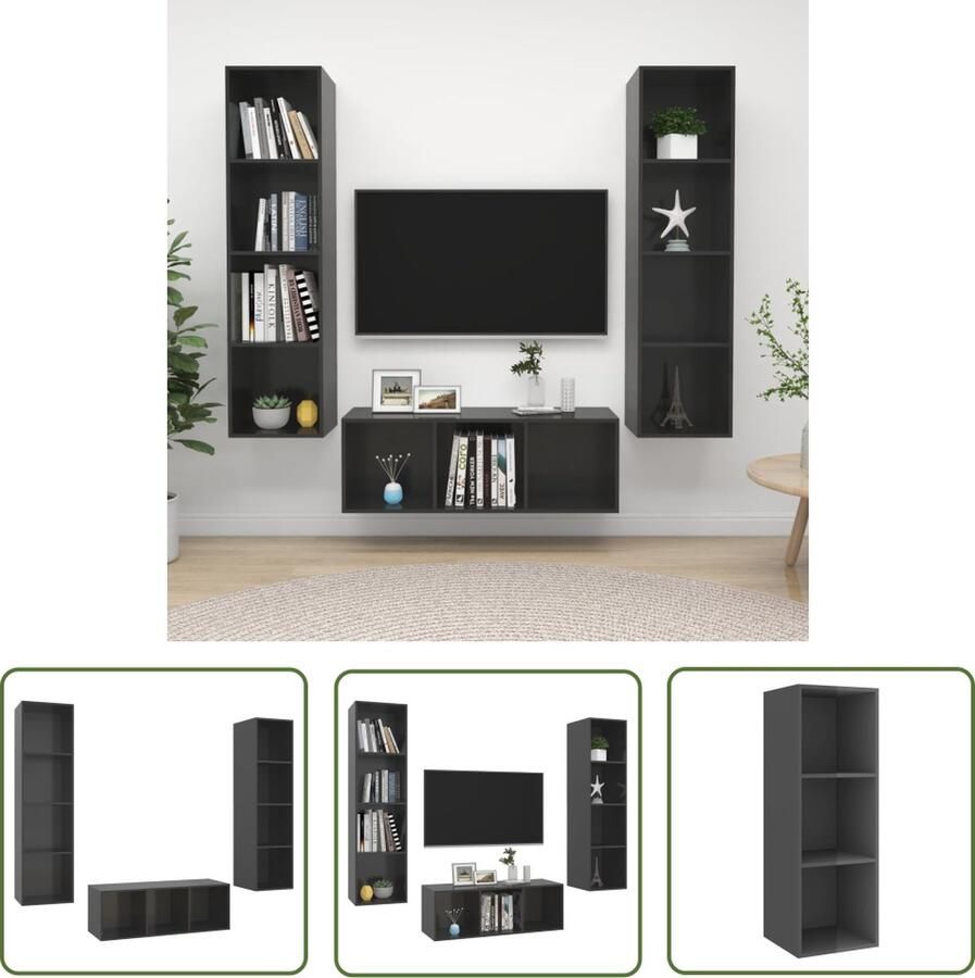 The Living Store TV-meubelset Hoogglans grijs Spaanplaat 1x 37x37x107 cm 2x 37x37x142.5 cm Tv-meubel Salontafel Wandmontage Houtspaander Grijs - Foto 2