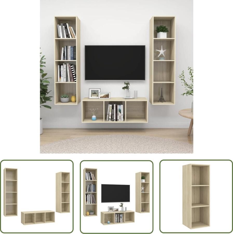 The Living Store televisiewandmeubelset eiken 1x 37x37x107 cm 2x 37x37x142.5 cm Tv-meubel Salontafel Wanddecoratie Houten Tv-stand Eiken Meubilair - Foto 2