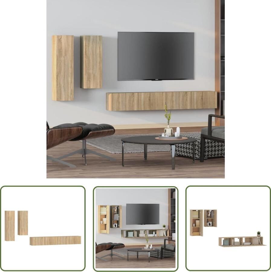 The Living Store TV-meubelset Sonoma eiken klassiek wandgemonteerd voldoende opbergruimte 4 delig TV-meubel Salontafel Houten Kast Wandmontage Opbergruimte - Foto 3