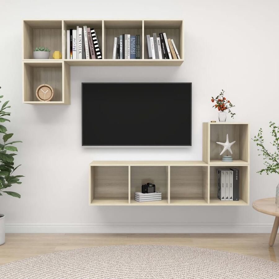 The Living Store Televisiewandmeubel Sonoma eiken 2x 37 x 37 x 37 cm 2x 37 x 37 x 142.5 cm Tv-meubel Salontafel Wandmeubel Houten Meubilair Sonomaplank