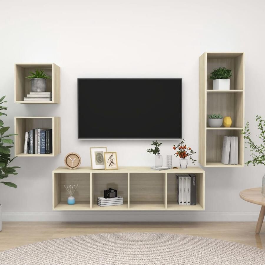 The Living Store Televisiewandmeubelset Sonoma Eiken 37 x 37 x 37 cm 107 cm 142.5 cm Tv-meubel Salontafel Wanddecoratie Houten Tv-stand Media Kast