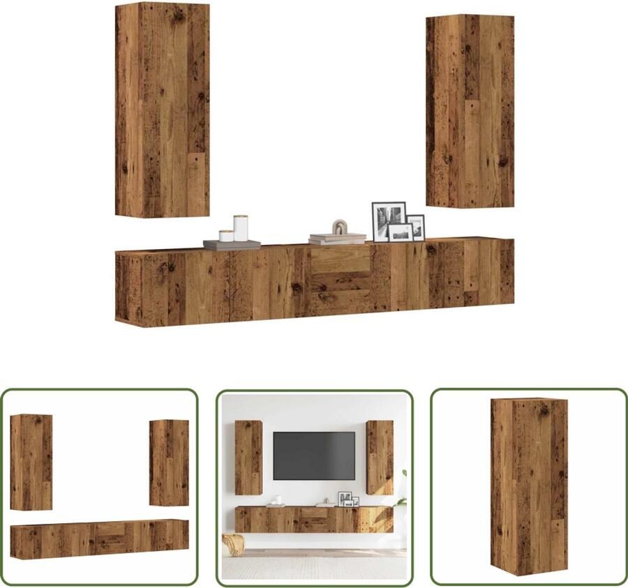 The Living Store vidaXL Salontafel Tv Meubel 5-delig Tv-meubelset wandmontage bewerkt hout oud houtkleurig Houten Kast Media Kast Opbergruimte