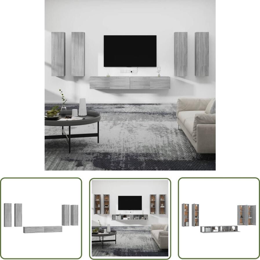 The Living Store TV-meubelset Grijs Sonoma Eiken 2x 100x30x30 cm 4x 30.5x30x100 cm wandgemonteerd TV-meubel Salontafel Houten Meubilair Grijze Meubels Landelijke Meubels