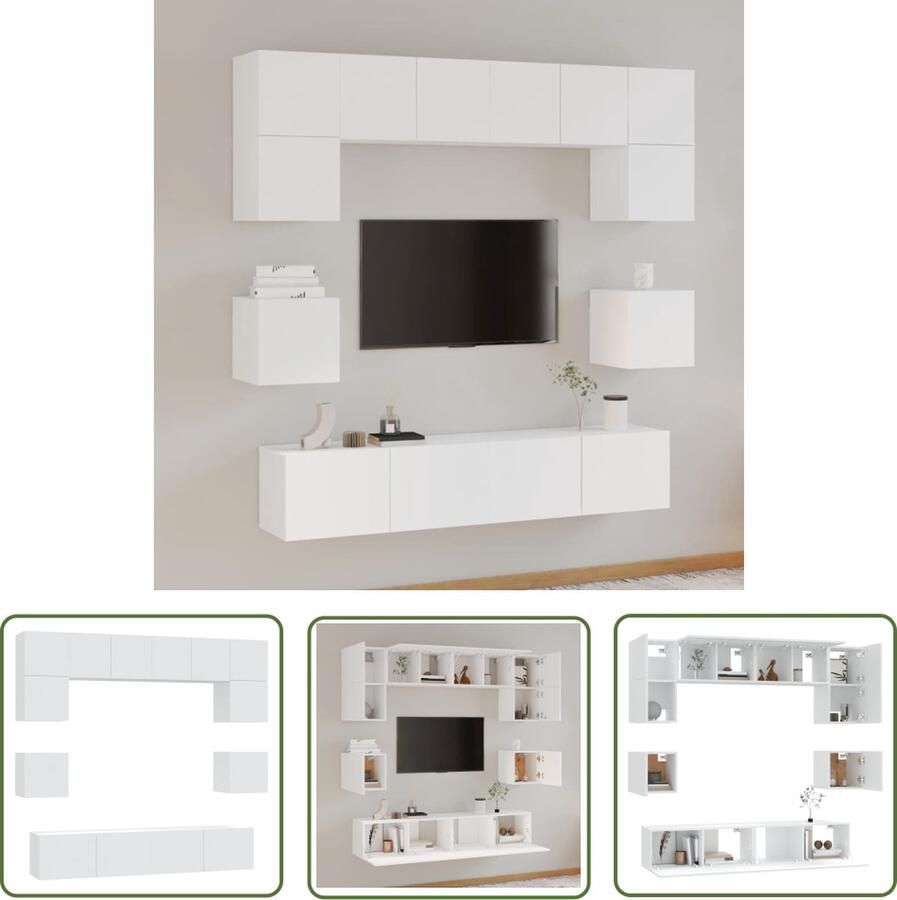 The Living Store vidaXL Salontafel TV-meubel 8-delige Tv-meubelset bewerkt hout wit Houten TV-stand Wit TV-meubel Wandmontage - Foto 2