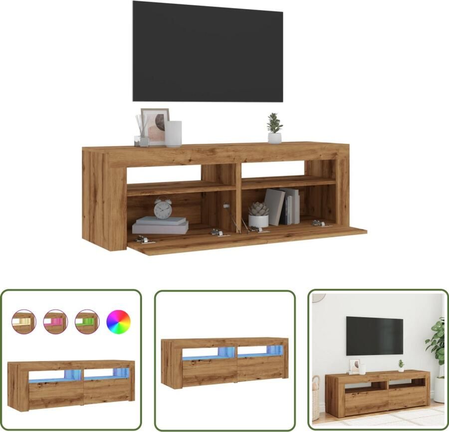 The Living Store vidaXL Tv-meubel met LED 120x35x40 cm bewerkt hout artisanaal eiken Tv-meubel Salontafel Houten Tv-kast Led Verlichting Rgb Licht