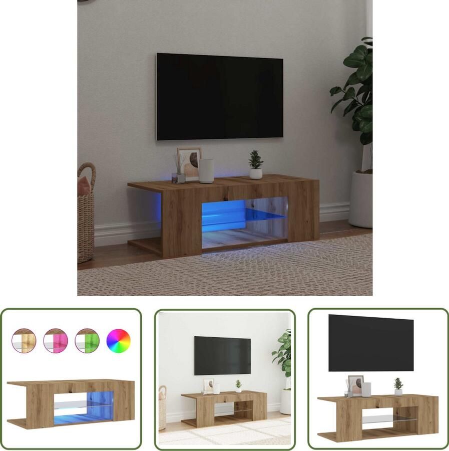 The Living Store vidaXL Tv-meubel met LED 90x39x30 cm bewerkt hout artisanaal eiken Tv-meubel Salontafel Houten Tv-kast Led Tv-meubel Rgb Verlichting