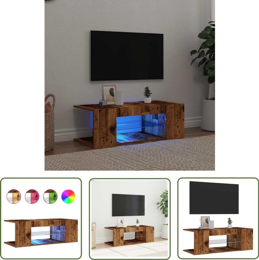 The Living Store vidaXL Tv-meubel met LED 90x39x30 cm bewerkt hout oud hout Tv-meubel Salontafel Houten Tv-kast Led Tv-meubel Vintage Tv-stand