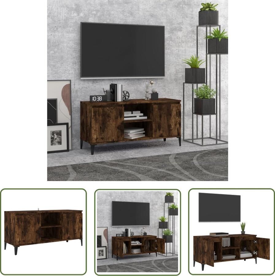 The Living Store Tv-meubel Gerookt eiken 103.5x35x50 cm Stabiel en stevig 2 schappen en 2 vakken Tv-meubel Salontafel Houten Tv-stand Houten Tv-meubel Media-console - Foto 2