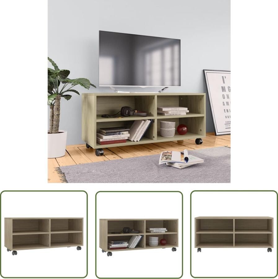 The Living Store tv-meubel Sonoma Eiken 90 x 35 x 35 cm Stevig en Duurzaam 4 Open Vakken Gemakkelijk te Verplaatsen Tv-meubel Salontafel Houten Tv-stand Media Kast Bruine Tv-bank - Foto 2