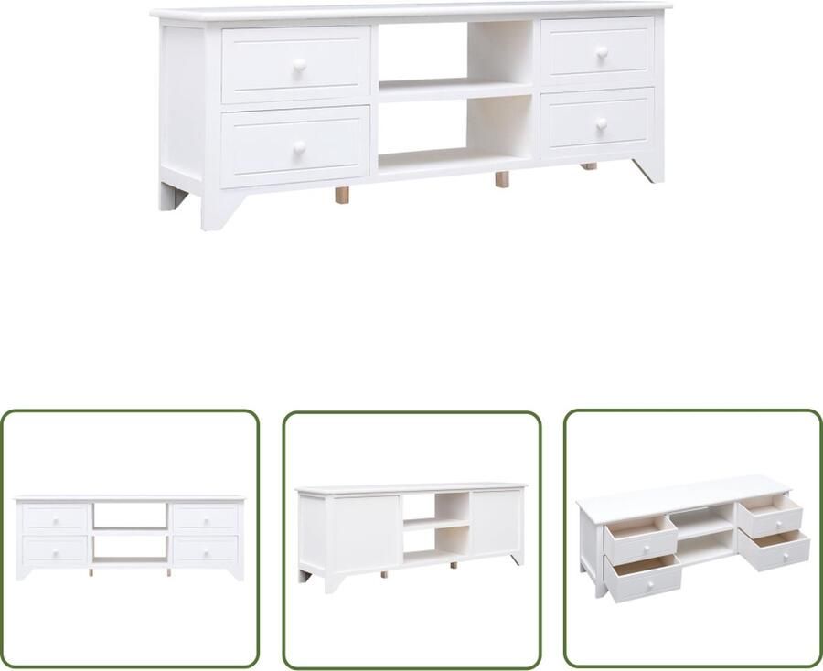 The Living Store TV-meubel Massief paulowniahout Wit 108 x 30 x 40 cm 2 vakken 4 lades TV-meubel Salontafel Hout Meubilair Witte Kast Paulowniahout - Foto 2