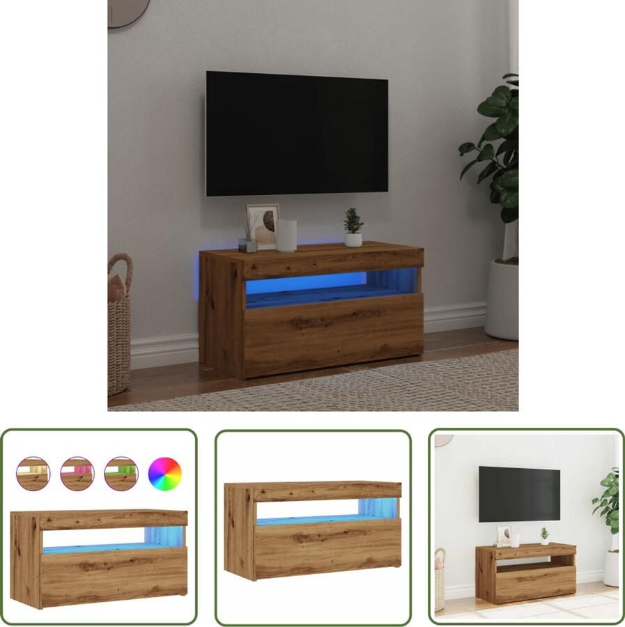 The Living Store vidaXL Salontafel Tv Meubel Tv-meubel met LED 75x35x40 cm bewerkt hout artisanaal eiken Houten Tv Kast Led Tv Meubel Rgb Licht