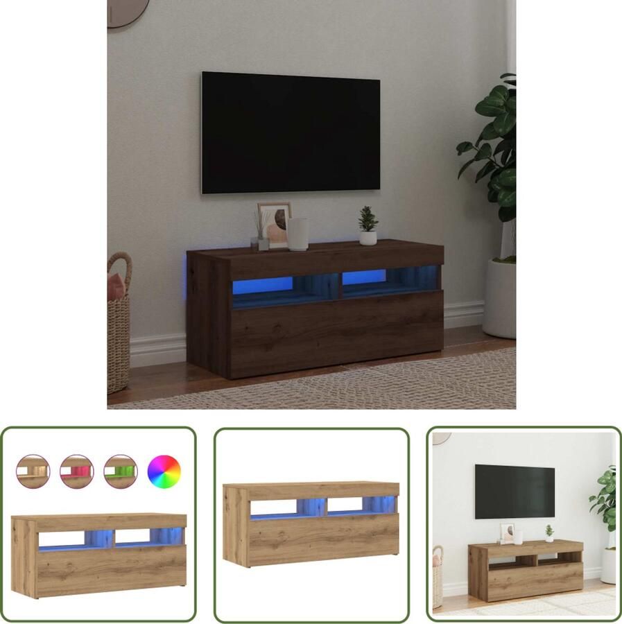 The Living Store vidaXL Salontafel Tv Meubel Tv-meubel met LED 90x35x40 cm bewerkt hout artisanaal eiken Houten Tv Kast Led Tv Meubel Lichtgevende Tv Stand