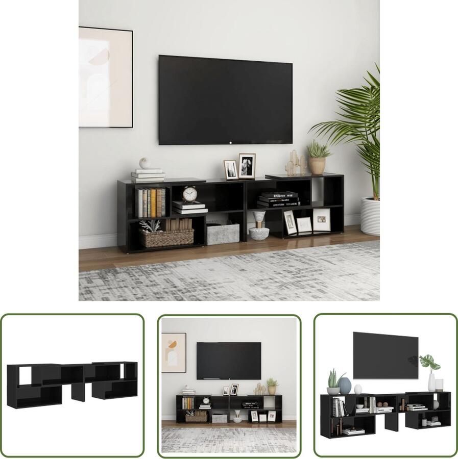 The Living Store Televisiemeubel Hifi 149 x 30 x 52 cm Uitschuifbaar Hoogglans zwart Tv-meubel Televisiemeubel Media-console Houten Tv-stand Black Tv Stand - Foto 2