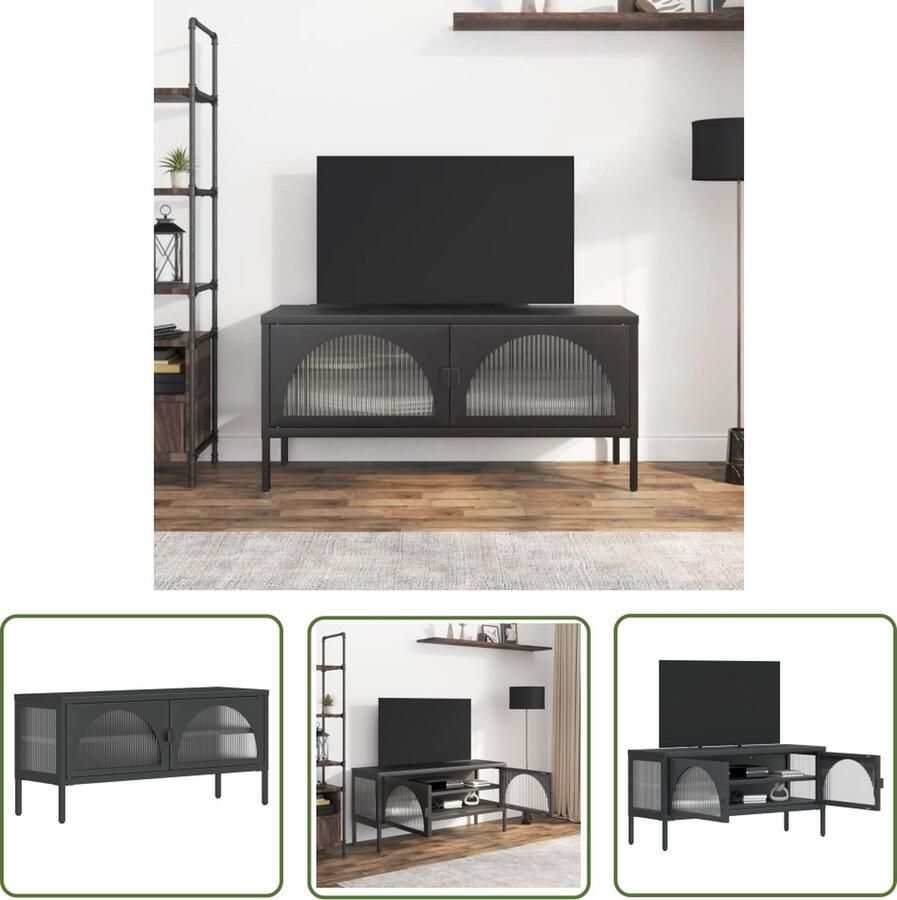 The Living Store TV-meubel Elegant en praktisch 105 x 35 x 50 cm Gepoedercoat staal en glas met geribbeld reliÃf Tv Kast Televisiescherm Salontafel Living Room Meubilair Metalen Tv Stand - Foto 2