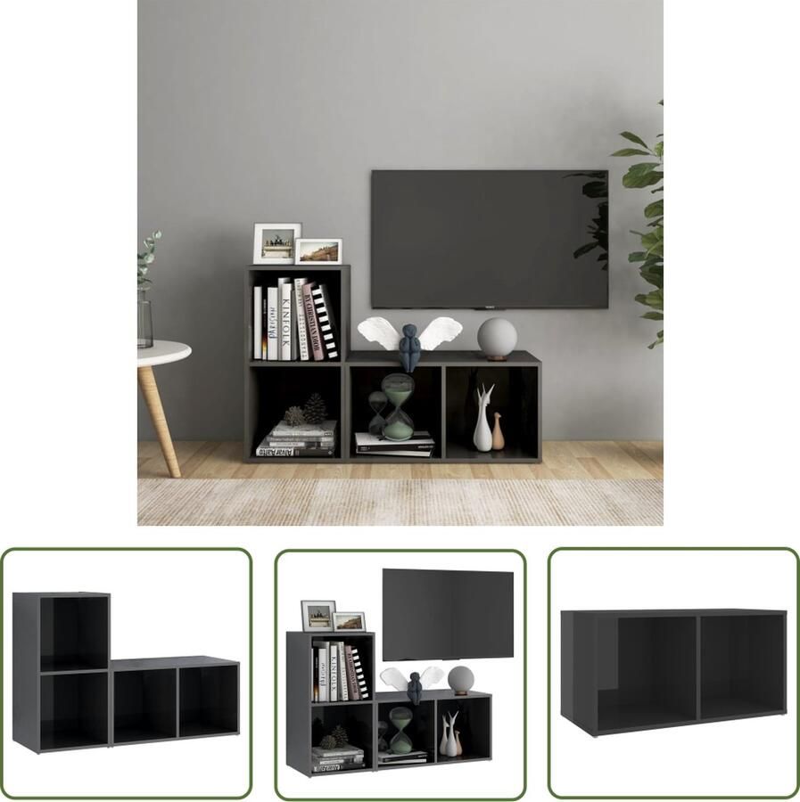 The Living Store vidaXL Tv Tafel Televisiescherm Meubilair Tv-meubelen 2 st 72x35x36 5 cm bewerkt houthoogglans grijs Tv Stand Salontafel Woonkamerinrichting - Foto 4
