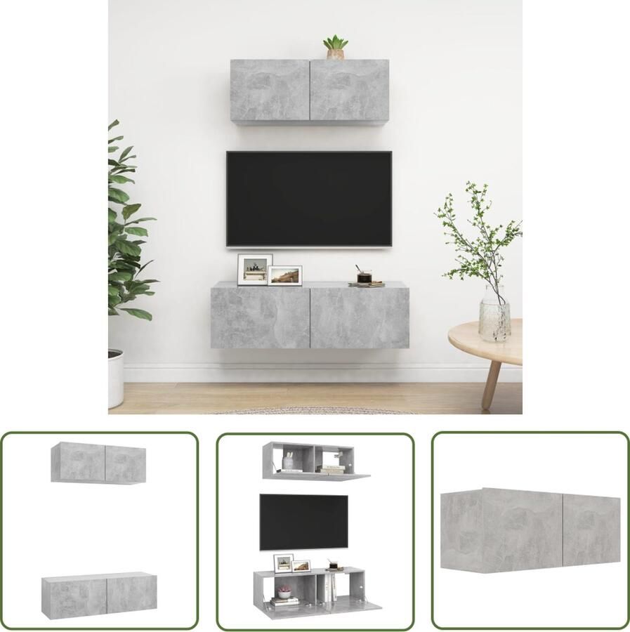 The Living Store Televisiemeubelset Betongrijs 100x30x30cm 80x30x30cm Muurbevestiging Tv-meubel Televisiescherm Wandmontage Betonlook Houten Tv-meubel - Foto 2