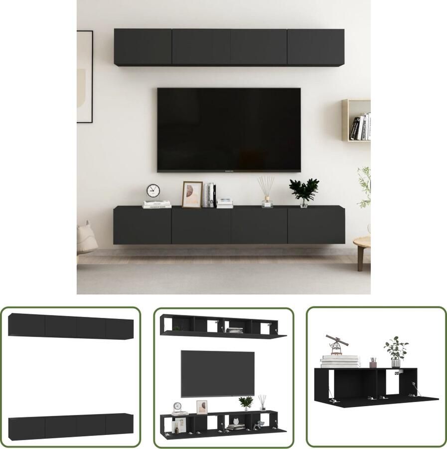The Living Store vidaXL Televisiescherm Tv-meubel Tv-meubelen 4 st 100x30x30 cm bewerkt hout zwart Salontafel Zwarte Tv-standaard Houten Tv-meubel - Foto 2
