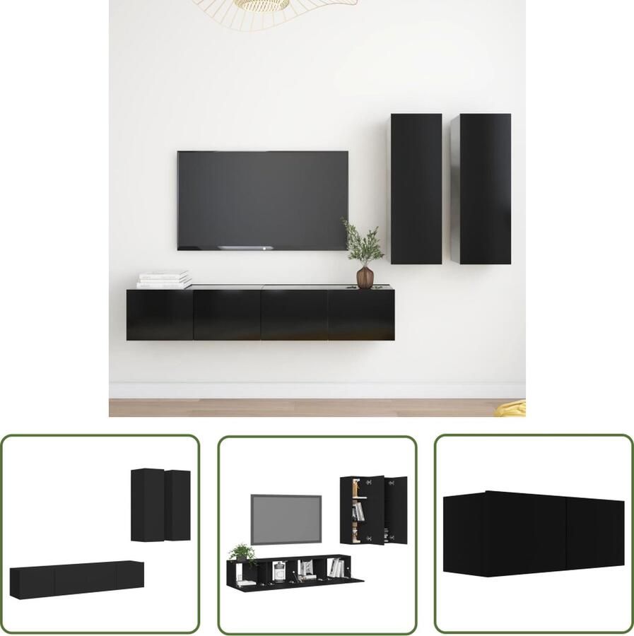 The Living Store vidaXL Televisiescherm Tv Meubels 4-delige Tv-meubelset bewerkt hout zwart Salontafel Wandmontage Houten Tv Stand - Foto 2