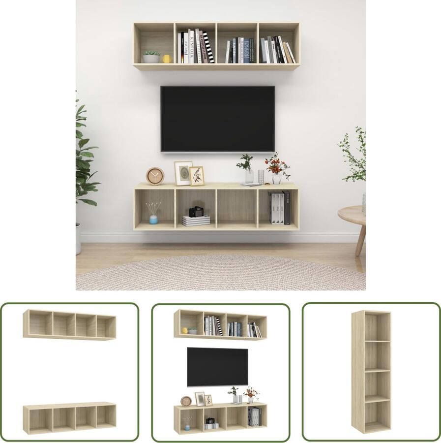 The Living Store Televisie Wandmeubel Sonoma Eiken 37x37x142.5 cm (B x D x H) 4 Vakken Tv Wandmeubel Televisiescherm Salontafel Livingroom Decor Houten Tv Stand - Foto 5