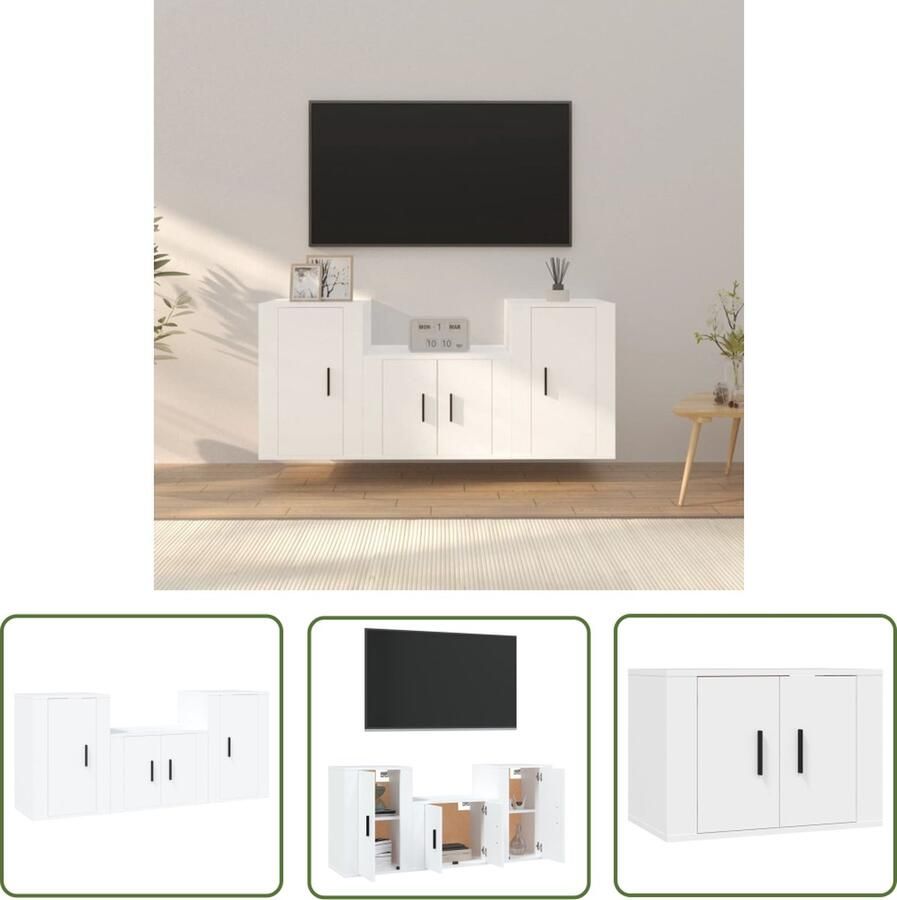 The Living Store Televisiekastenset Klassiek Design Wandgemonteerd Voldoende Opbergruimte Wit Hout 1x 57x34.5x40cm 2x 40x34.5x60cm Tv Kast Televisiesecretaris Houten Tv Stand Wit Tv Meubel Wandmontage Tv Kast - Foto 2