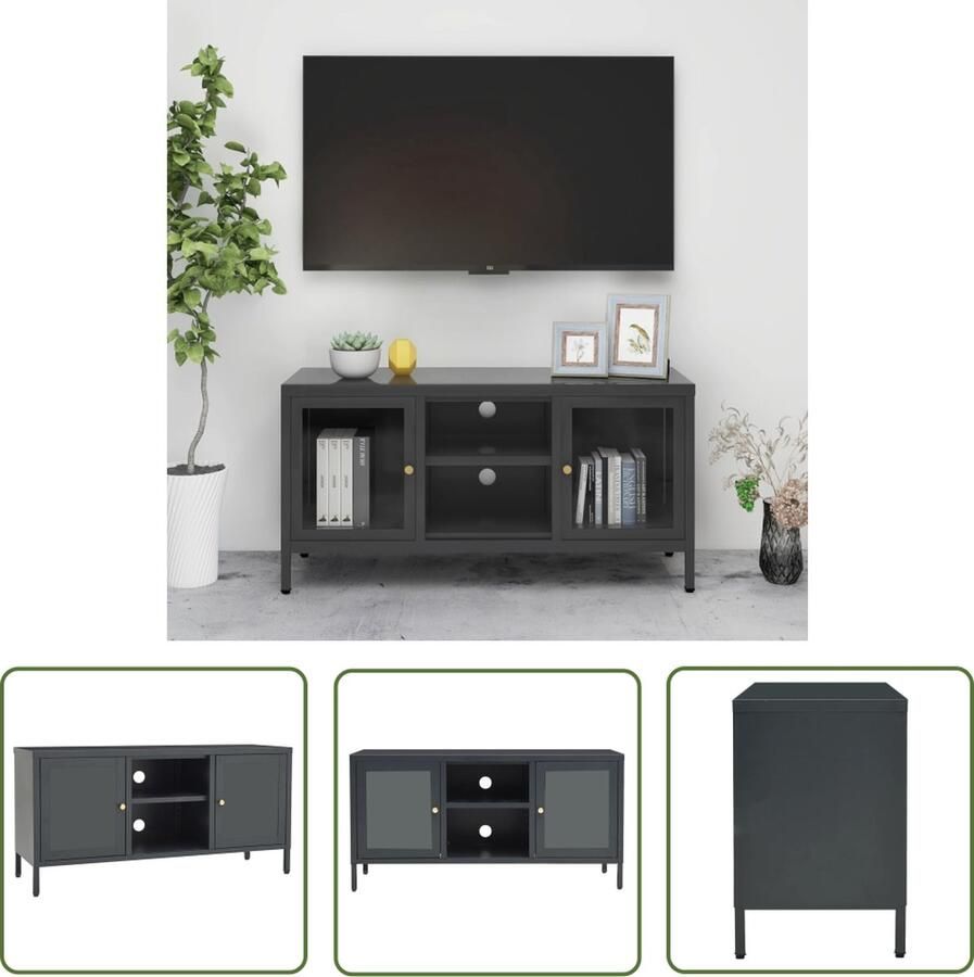 The Living Store vidaXL Tv-meubel 105x35x52 cm staal en glas antracietkleurig Tv-meubel Televisiesecretaris Salontafel Antraciet Kleuren Metalen Tv-standaard - Foto 2