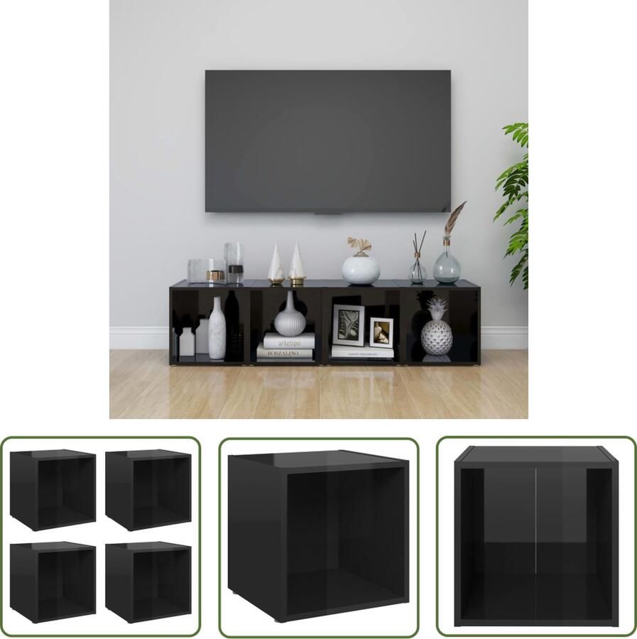 The Living Store vidaXL Televisiesecretaris Tv-meubel Tv-meubelen 4 st 37x35x37 cm bewerkt hout hoogglans zwart Houten Tv-meubel Hoogglans Zwart Spaanplaat - Foto 2