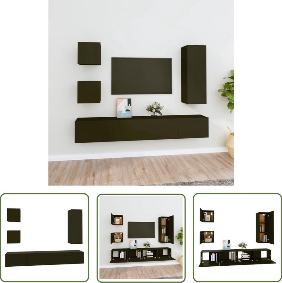 The Living Store Televisiemeubelset Zwart 30.5 x 30 x 30 cm 30.5 x 30 x 90 cm 80 x 30 x 30 cm Tv Meubel Televisiesectie Wandmontage Houten Tv Kast Black Furniture - Foto 2