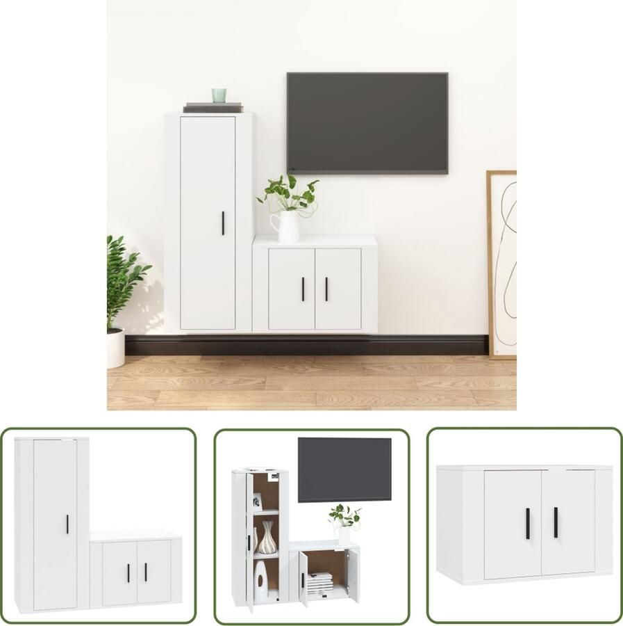 The Living Store Klassieke televisiekast set TV-meubel 57x34.5x40cm + TV-meubel 40x34.5x100cm Wit Klassieke Tv Meubels Tv Kast Tv Salontafel Houten Tv Kast Wit Tv Kast - Foto 2