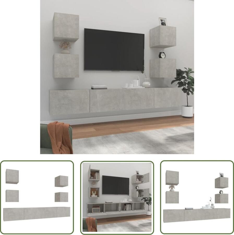 The Living Store Televisiemeubelset Betongrijs 100 x 30 x 30 cm 2x 100 cm 4x 30.5 cm Bewerkt hout Televisiemeubel Tv Kast Houten Tv Stand Wandmontage Tv Livingroom Furniture - Foto 2