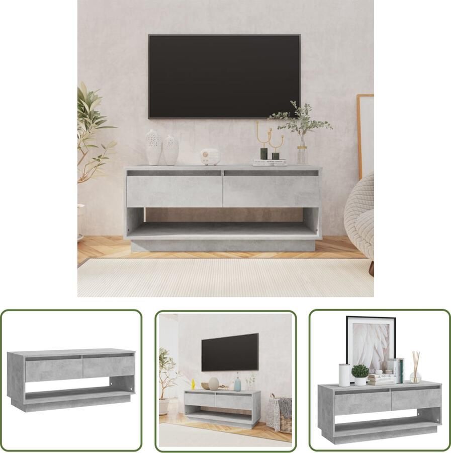 The Living Store Televisiemeubel Betongrijs 102 x 41 x 44 cm Met 2 lades en 1 open vak Televisiescherm Tv Kast Meubilair Livingroom Tv Stand - Foto 2